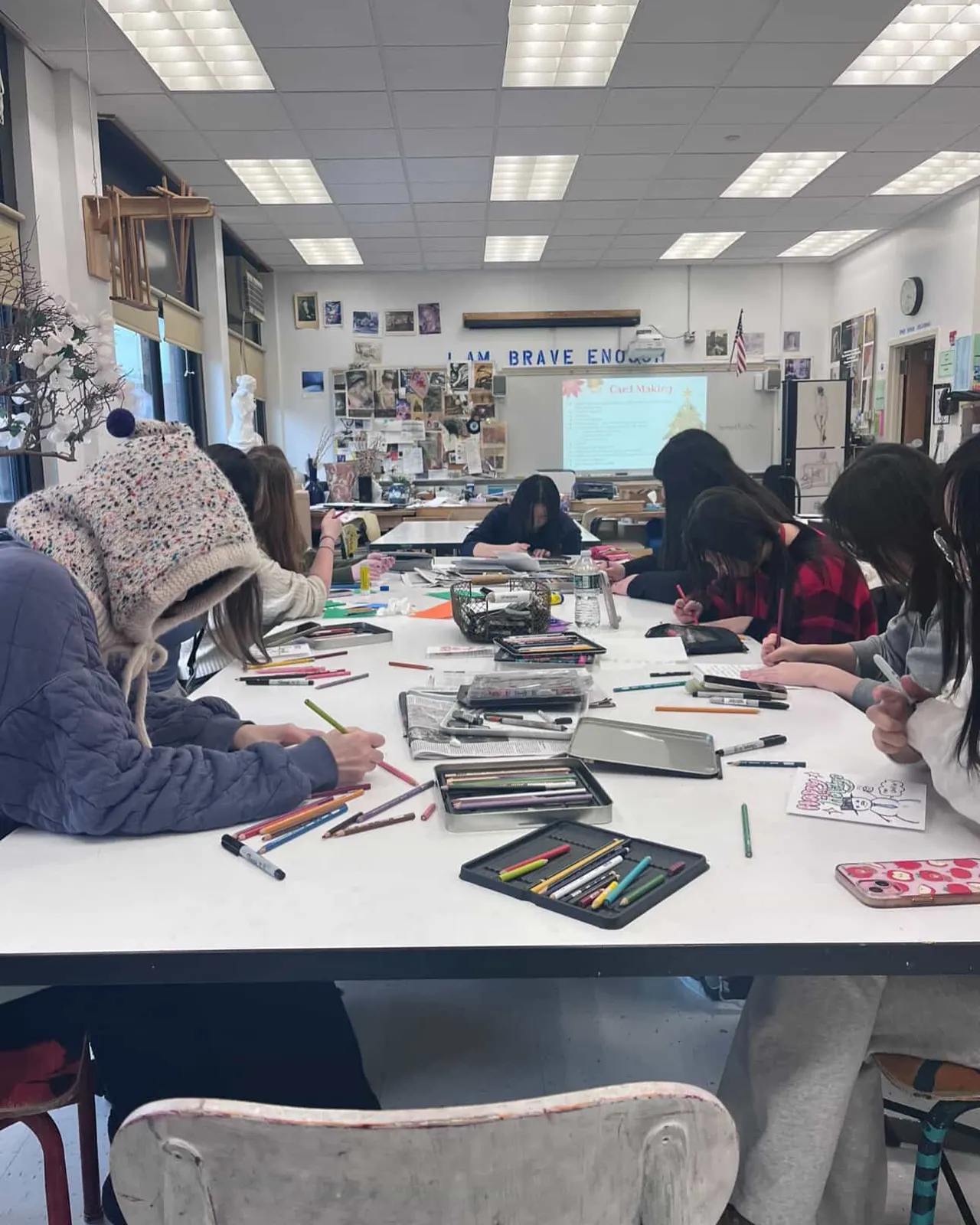 Students making cards in an art room